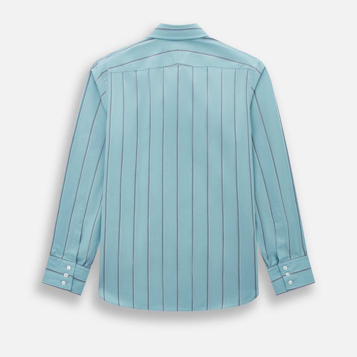 View 3 of product The Cendre Blue Track Stripe Westminster Shirt by Turnbull & Asser features a light blue hue, dark vertical stripes, button-down front, classic collar, and buttoned cuffs—showcasing British craftsmanship.