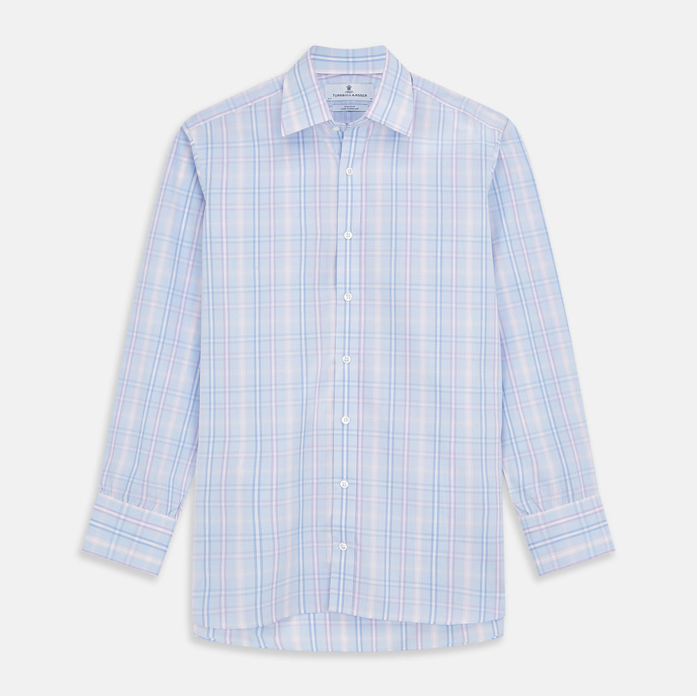 The Turnbull & Asser Pink and Light Blue Check Cotton Regular Fit Mayfair Shirt features long sleeves, buttoned cuffs, a T&A collar, and is shown laid flat on a white background.