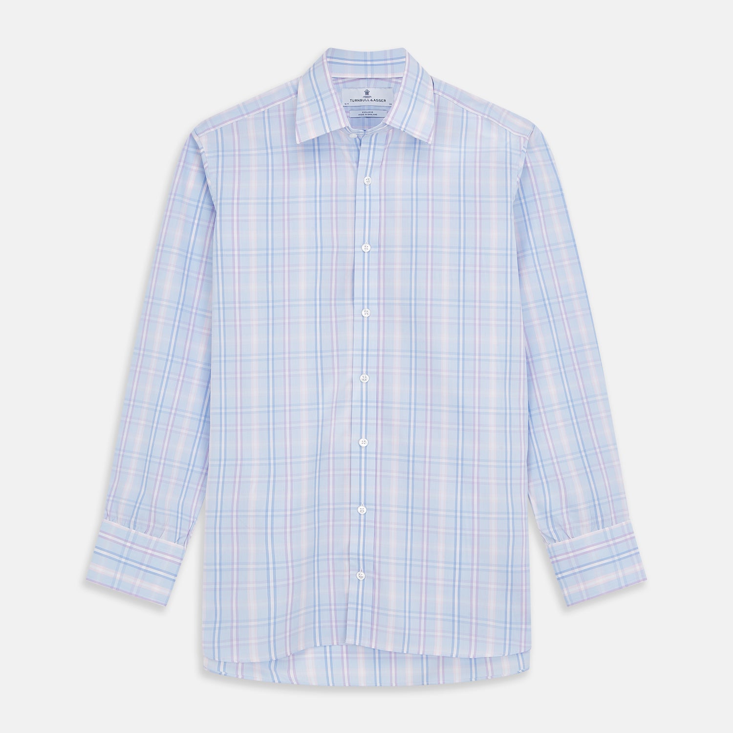 View 1 of product The Turnbull & Asser Pink and Light Blue Check Cotton Regular Fit Mayfair Shirt features long sleeves, buttoned cuffs, a T&A collar, and is shown laid flat on a white background.