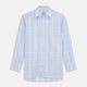 The Turnbull & Asser Pink and Light Blue Check Cotton Regular Fit Mayfair Shirt features long sleeves, buttoned cuffs, a T&A collar, and is shown laid flat on a white background.