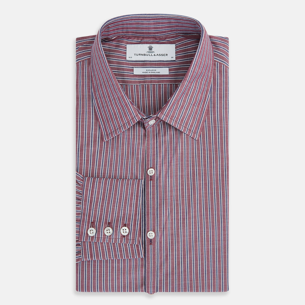 The Turnbull & Asser Wine Ticking Stripe Westminster Shirt features red, blue, and white vertical pinstripes on white and is shown laid flat on a white surface.