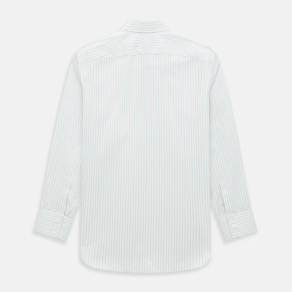 The Turnbull & Asser Turquoise and Red Ticking Stripe Windsor Shirt, featuring a classic collar and buttoned cuffs, is displayed flat against a white background.