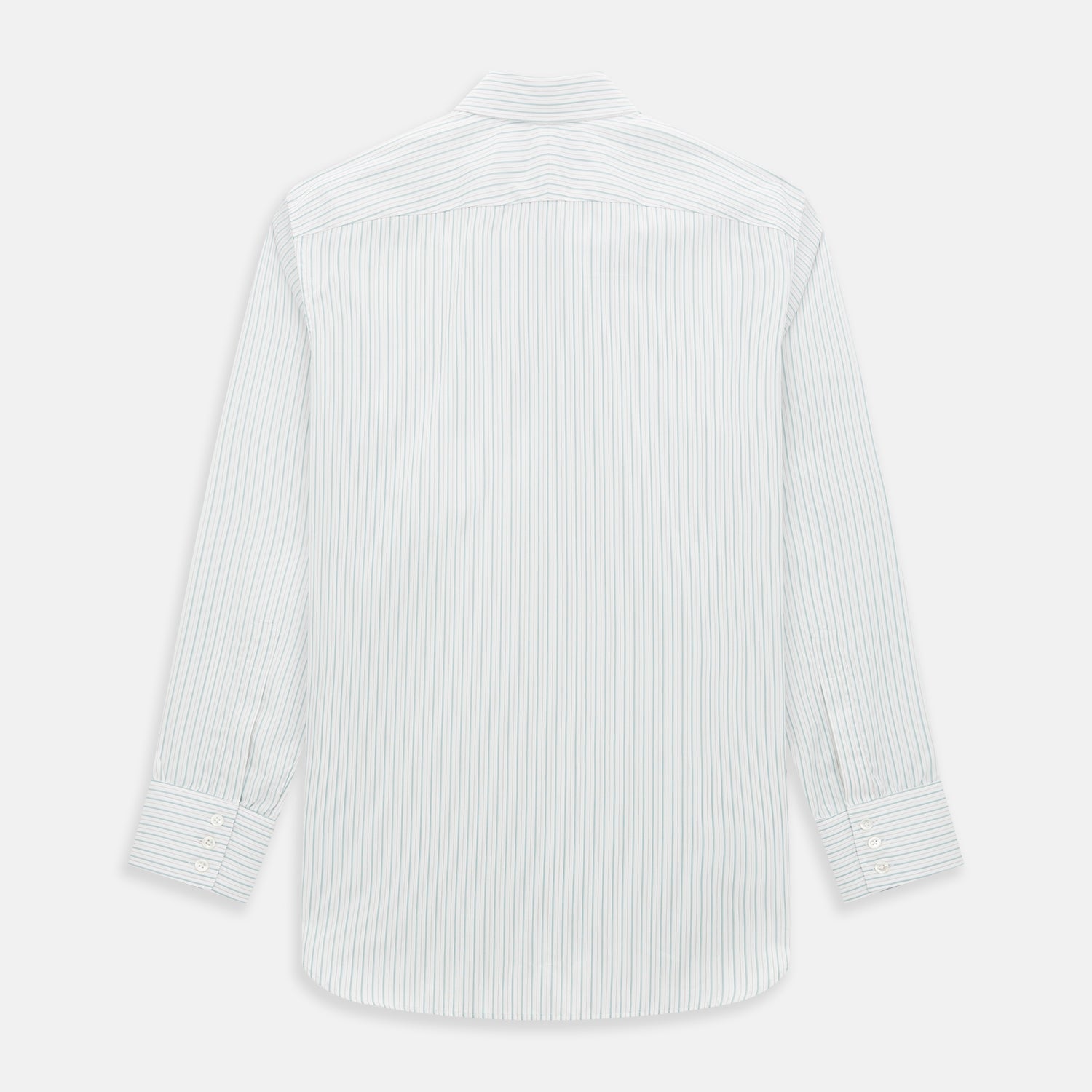 View 3 of product The Turnbull & Asser Turquoise and Red Ticking Stripe Windsor Shirt, featuring a classic collar and buttoned cuffs, is displayed flat against a white background.