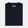 View 4 of product The Turnbull & Asser Navy Melange Cashmere V-Neck Jumper from our knitwear collection is shown against a white background.