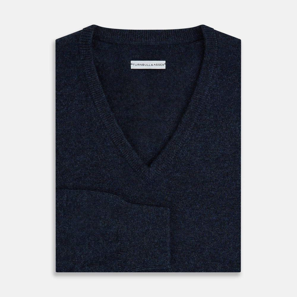 The Turnbull & Asser Navy Melange Cashmere V-Neck Jumper from our knitwear collection is shown against a white background.