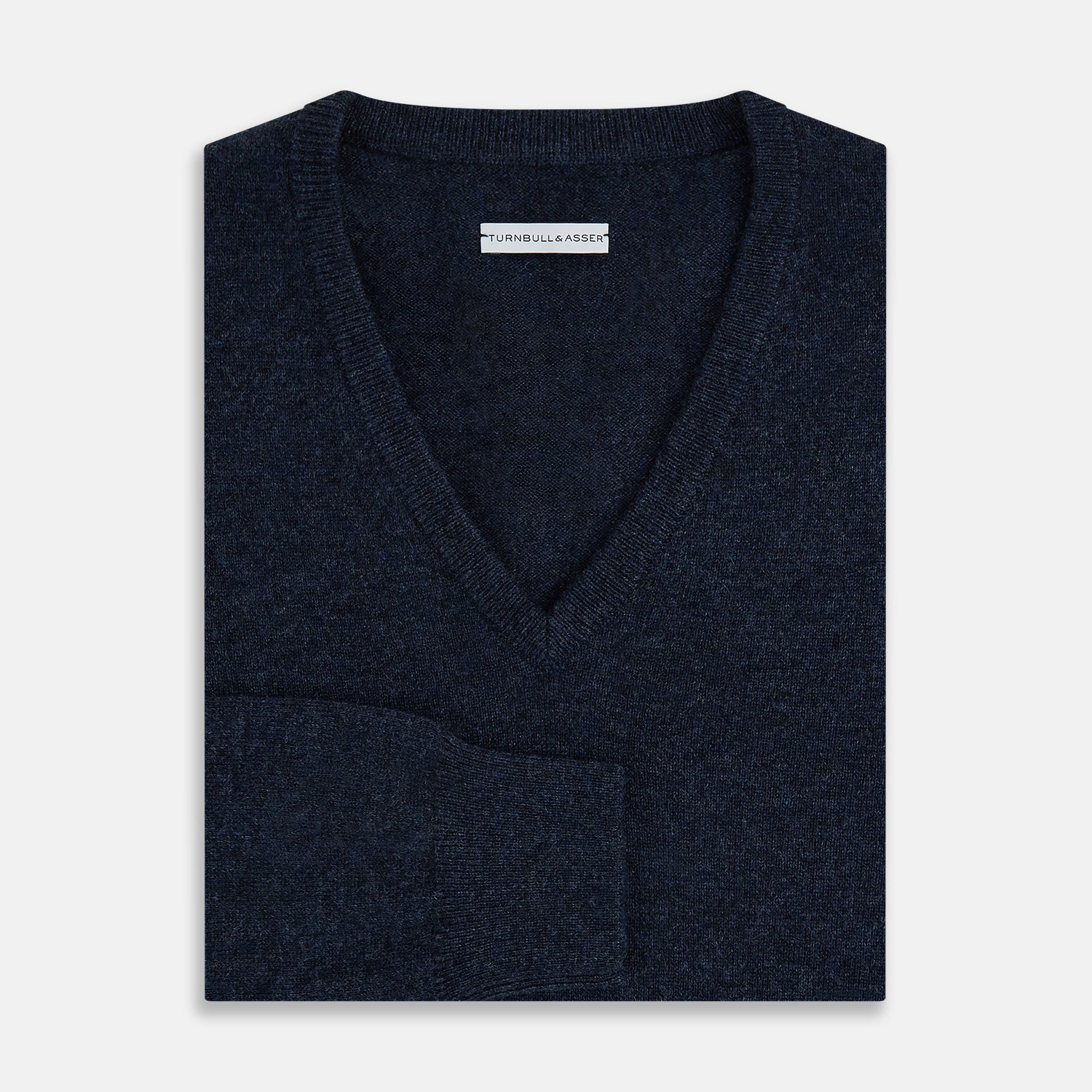 View 4 of product The Turnbull & Asser Navy Melange Cashmere V-Neck Jumper from our knitwear collection is shown against a white background.