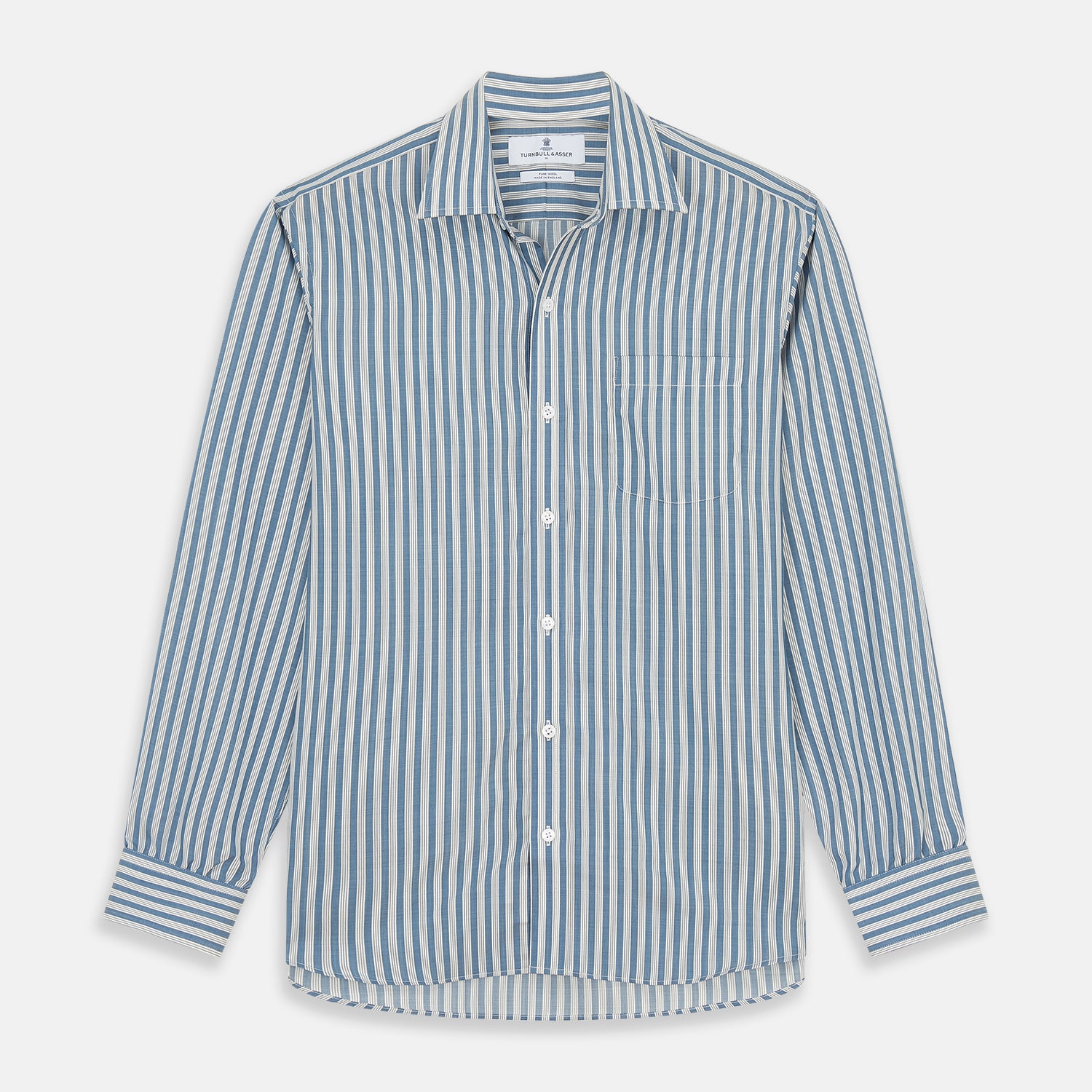 View 1 of product Turnbull & Asser’s Pale Blue Multi Stripe Weekend Fit Wool Shirt features a Derby collar, 1-button cuffs, and a chest pocket—ideal for casual layering. Shown laid flat on a white background for easy styling.