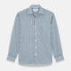 Turnbull & Asser’s Pale Blue Multi Stripe Weekend Fit Wool Shirt features a Derby collar, 1-button cuffs, and a chest pocket—ideal for casual layering. Shown laid flat on a white background for easy styling.
