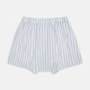 View 2 of product Turnbull & Asser Blue Fine Track Stripe Godfrey Boxer Shorts, crafted from premium Italian cotton with an elastic waistband, are shown laid flat on a white background.