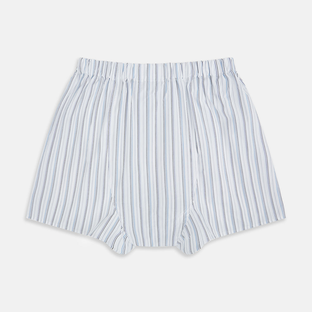 Turnbull & Asser Blue Fine Track Stripe Godfrey Boxer Shorts, crafted from premium Italian cotton with an elastic waistband, are shown laid flat on a white background.