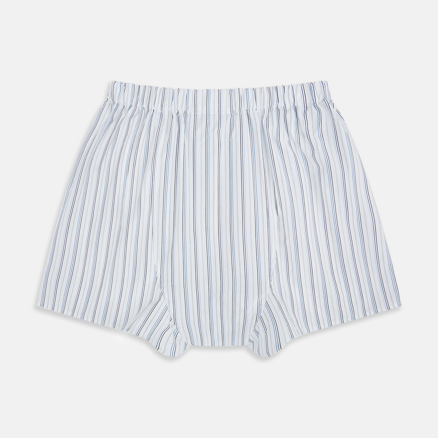 View 2 of product Turnbull & Asser Blue Fine Track Stripe Godfrey Boxer Shorts, crafted from premium Italian cotton with an elastic waistband, are shown laid flat on a white background.