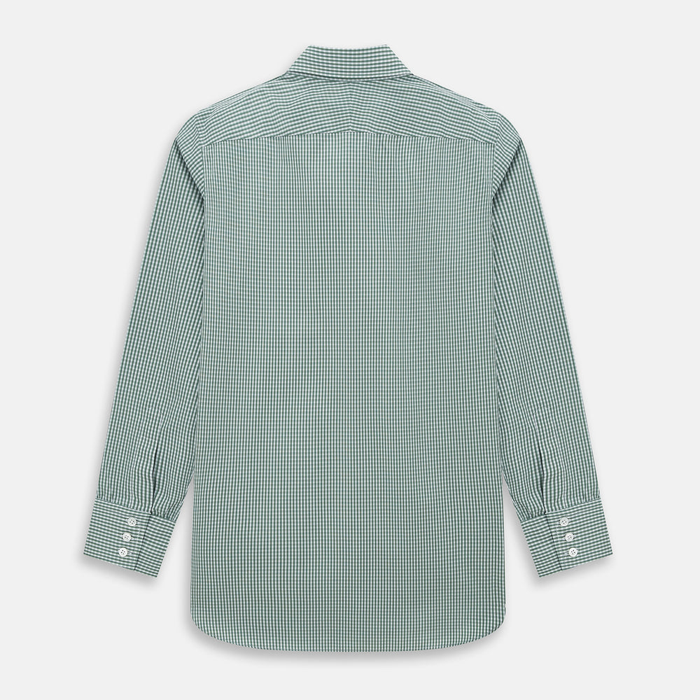 The MELON GREEN MICRO SHADOW CHECK WESTMINSTER SHIRT by Turnbull & Asser is a long-sleeved, button-up shirt with a green and white checkered pattern, pointed collar, and buttoned cuffs, shown on a white background.