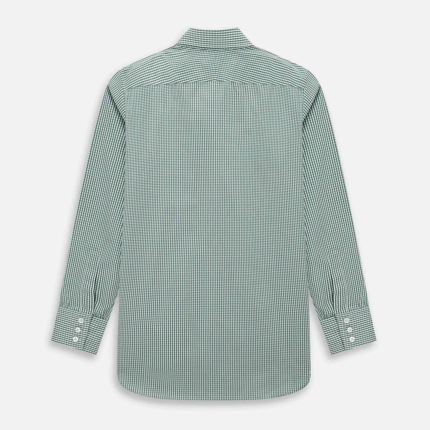 View 3 of product The MELON GREEN MICRO SHADOW CHECK WESTMINSTER SHIRT by Turnbull & Asser is a long-sleeved, button-up shirt with a green and white checkered pattern, pointed collar, and buttoned cuffs, shown on a white background.