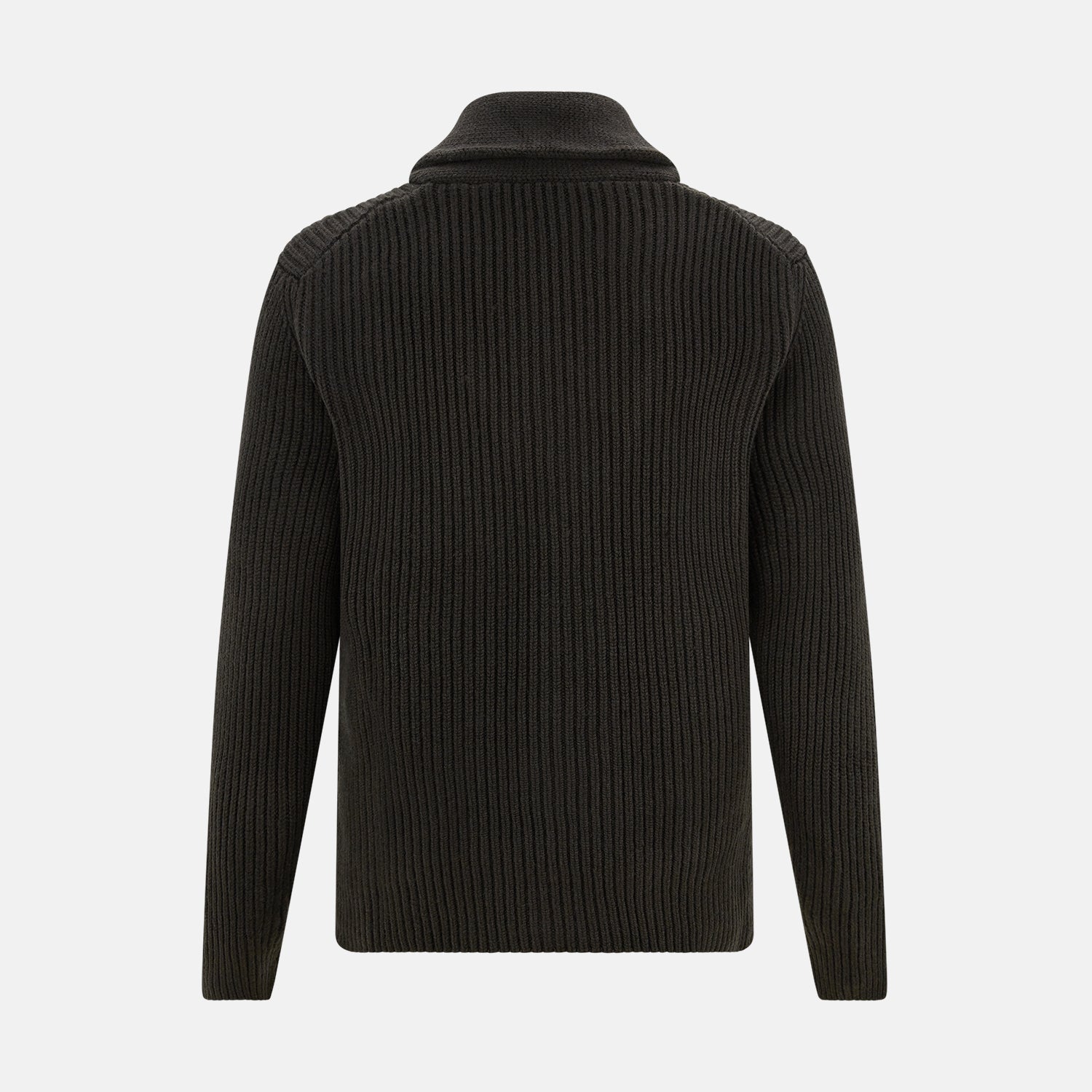 View 3 of product The Turnbull & Asser Dark Brown Cashmere Shawl Collar Cardigan features a ribbed knit, five black front buttons, and two front pockets, highlighting handcrafted quality against a white background.