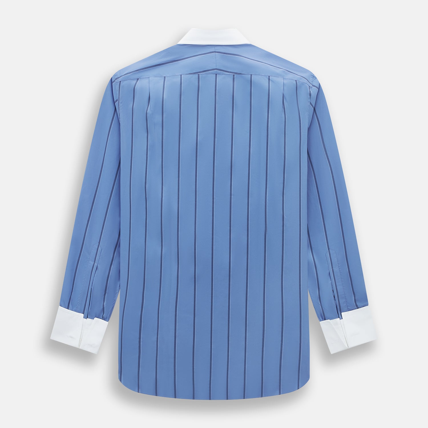 View 3 of product The Turnbull & Asser Colony Blue Track Stripe Shirt features vertical dark blue stripes, a Mayfair fit, and contrast white T&A collar and cuffs, reflecting British craftsmanship against a plain light background.