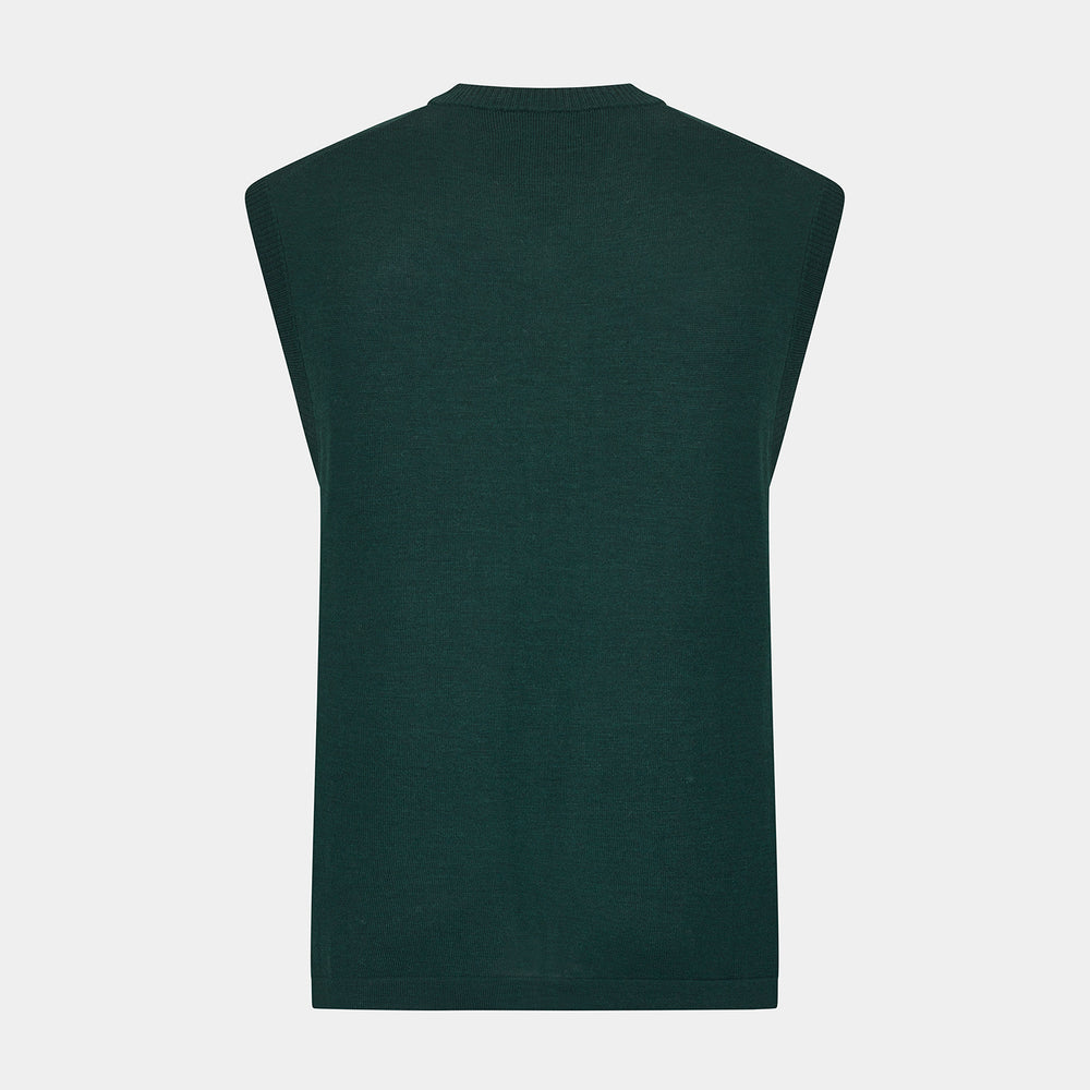 Turnbull & Asser's Petrol Green Fine Merino V-Neck Vest is shown from the front on a white background, highlighting its classic and simple sleeveless design.