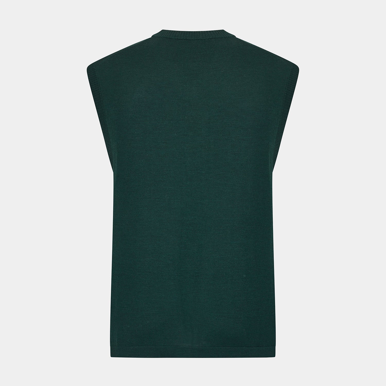 View 3 of product Turnbull & Asser's Petrol Green Fine Merino V-Neck Vest is shown from the front on a white background, highlighting its classic and simple sleeveless design.
