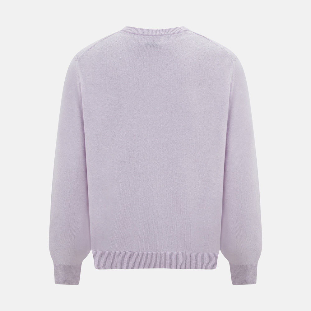 The Turnbull & Asser Lilac Cashmere Round Neck Jumper for men features long sleeves with ribbed cuffs and hem, offering a stylish, refined look. Shown against a white background.