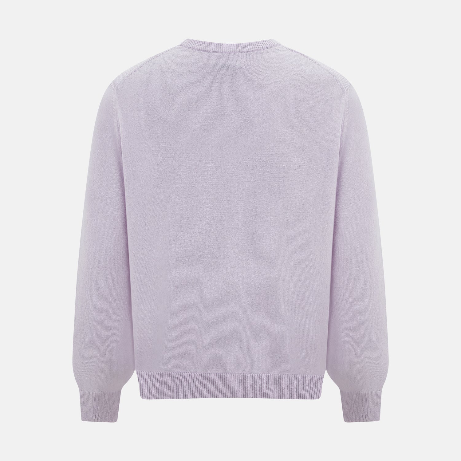 View 8 of product The Turnbull & Asser Lilac Cashmere Round Neck Jumper for men features long sleeves with ribbed cuffs and hem, offering a stylish, refined look. Shown against a white background.