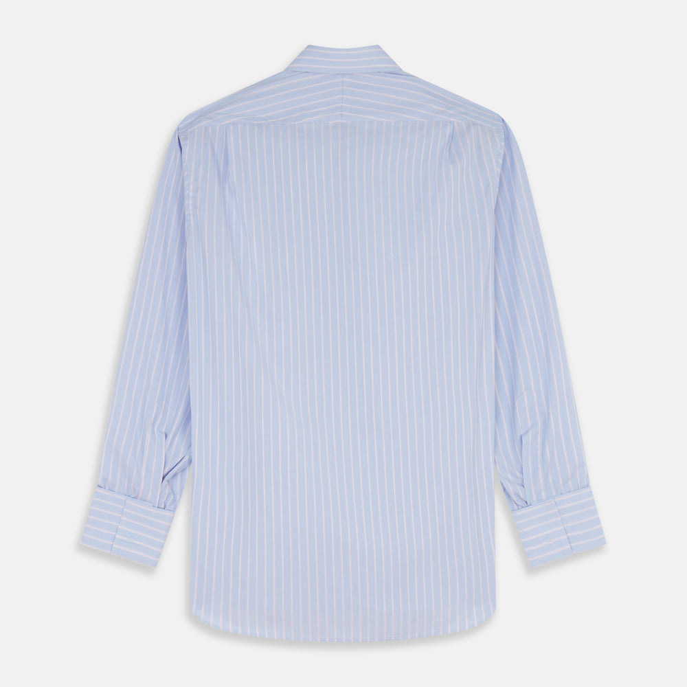 The Turnbull & Asser Blue Multi Stripe Cotton Regular Fit Whitby Shirt features white vertical stripes, long sleeves, button-down front, pointed collar, and buttoned cuffs, shown laid flat on a white background.