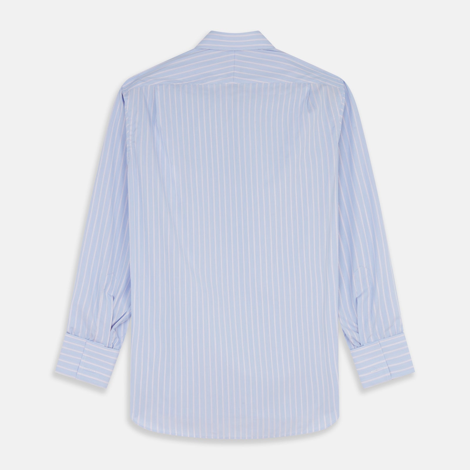 View 5 of product The Turnbull & Asser Blue Multi Stripe Cotton Regular Fit Whitby Shirt features white vertical stripes, long sleeves, button-down front, pointed collar, and buttoned cuffs, shown laid flat on a white background.