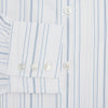 View 4 of product The Turnbull & Asser Pale Blue Multi Stripe Mayfair Shirt, featuring long sleeves, a classic collar, and buttoned cuffs, exemplifies British craftsmanship and is shown flat on a white background for a crisp look.