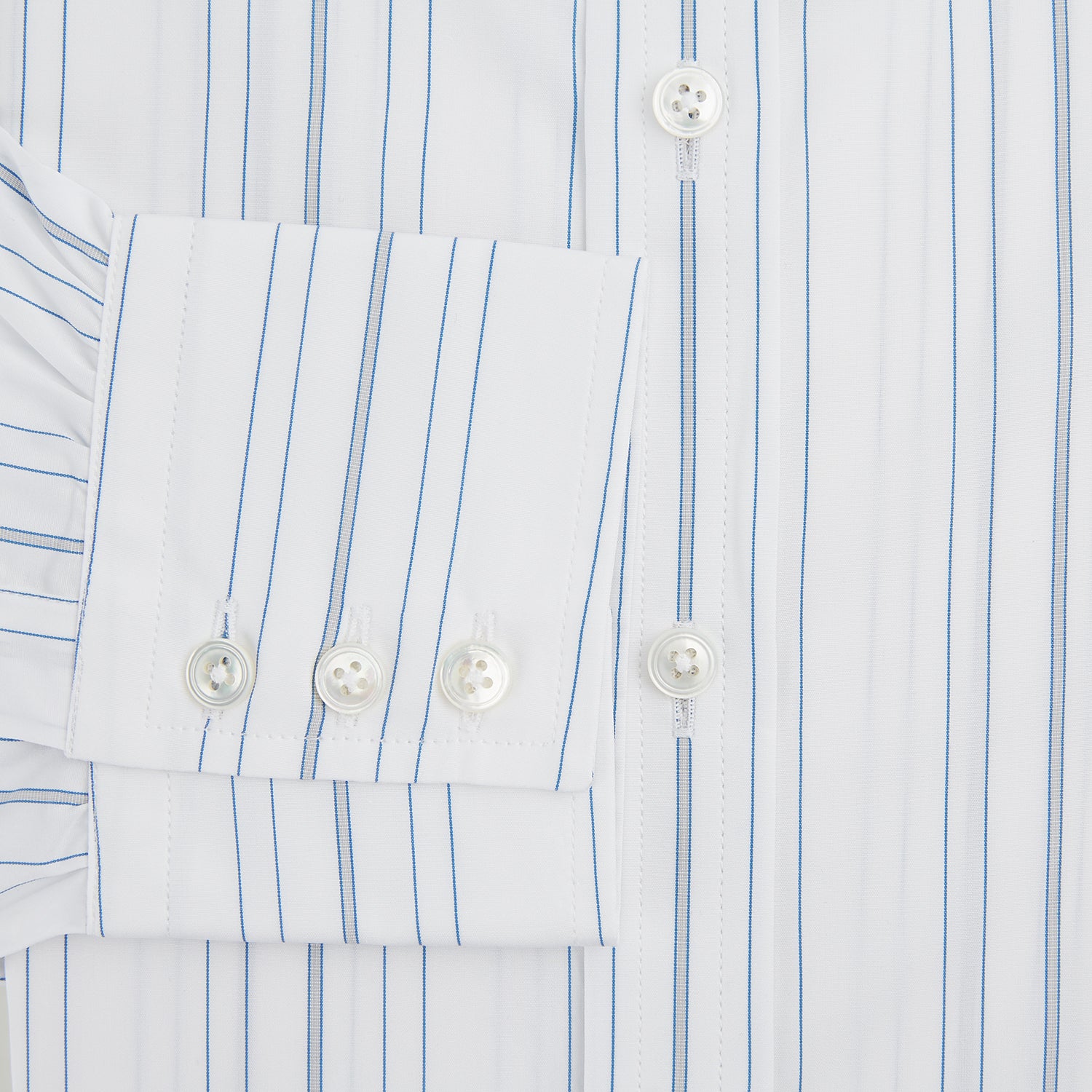 View 4 of product The Turnbull & Asser Pale Blue Multi Stripe Mayfair Shirt, featuring long sleeves, a classic collar, and buttoned cuffs, exemplifies British craftsmanship and is shown flat on a white background for a crisp look.