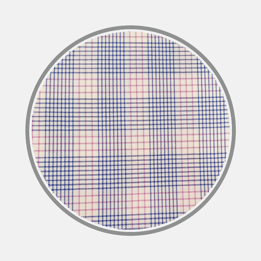 A round, flat surface with a blue, pink, and white plaid pattern inspired by classic Turnbull & Asser MTM SHIRTS ALL, outlined in thin gray on a white background.