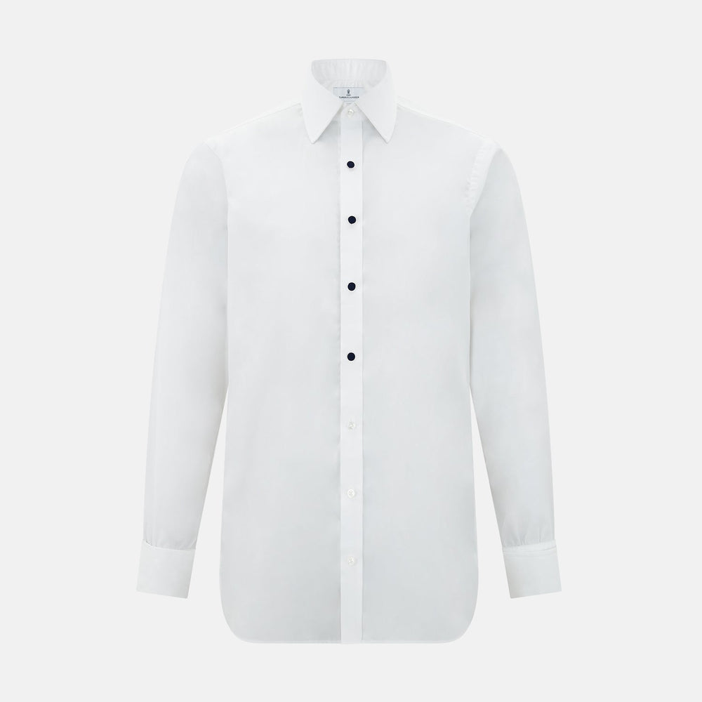 Turnbull & Asser's Navy Circle Dress Studs, a set of four sterling silver cufflinks with dark blue oval faces, are the ideal gentleman's accessory—timelessly sophisticated and perfect for elevating any formal look.