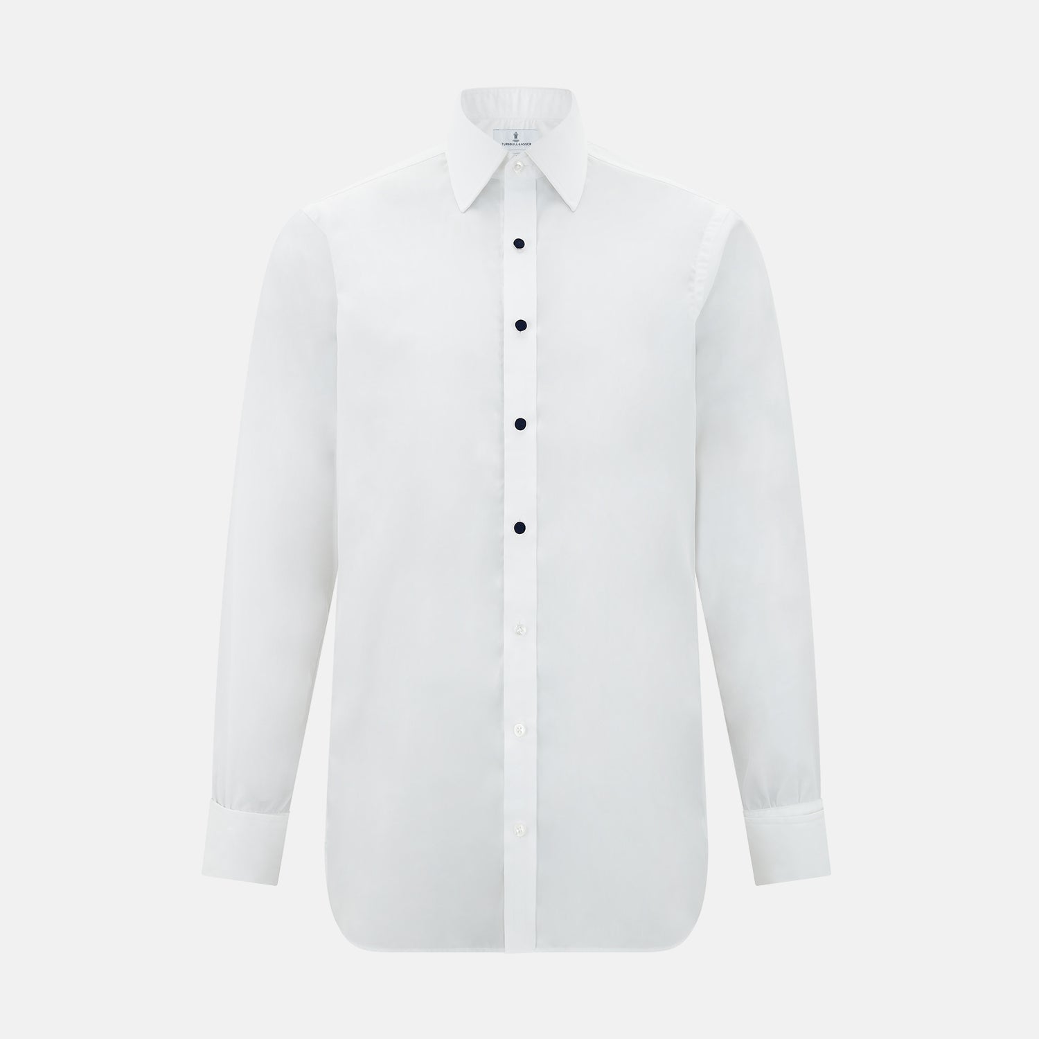 View 2 of product Turnbull & Asser's Navy Circle Dress Studs, a set of four sterling silver cufflinks with dark blue oval faces, are the ideal gentleman's accessory—timelessly sophisticated and perfect for elevating any formal look.