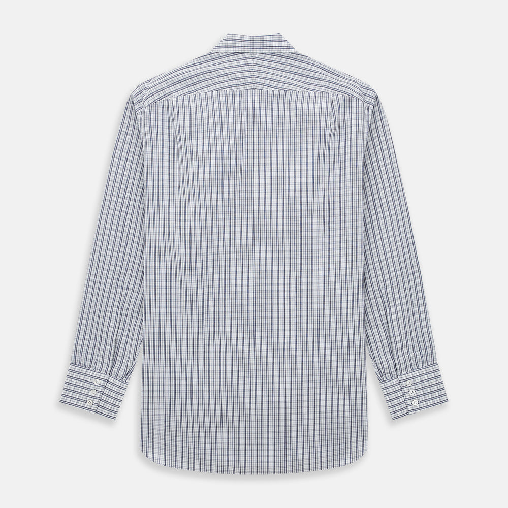 The Turnbull & Asser Navy Multi Check Mayfair Shirt is made from pure cotton with a blue and white check pattern, long sleeves, pointed collar, and buttoned cuffs, shown against a white background.
