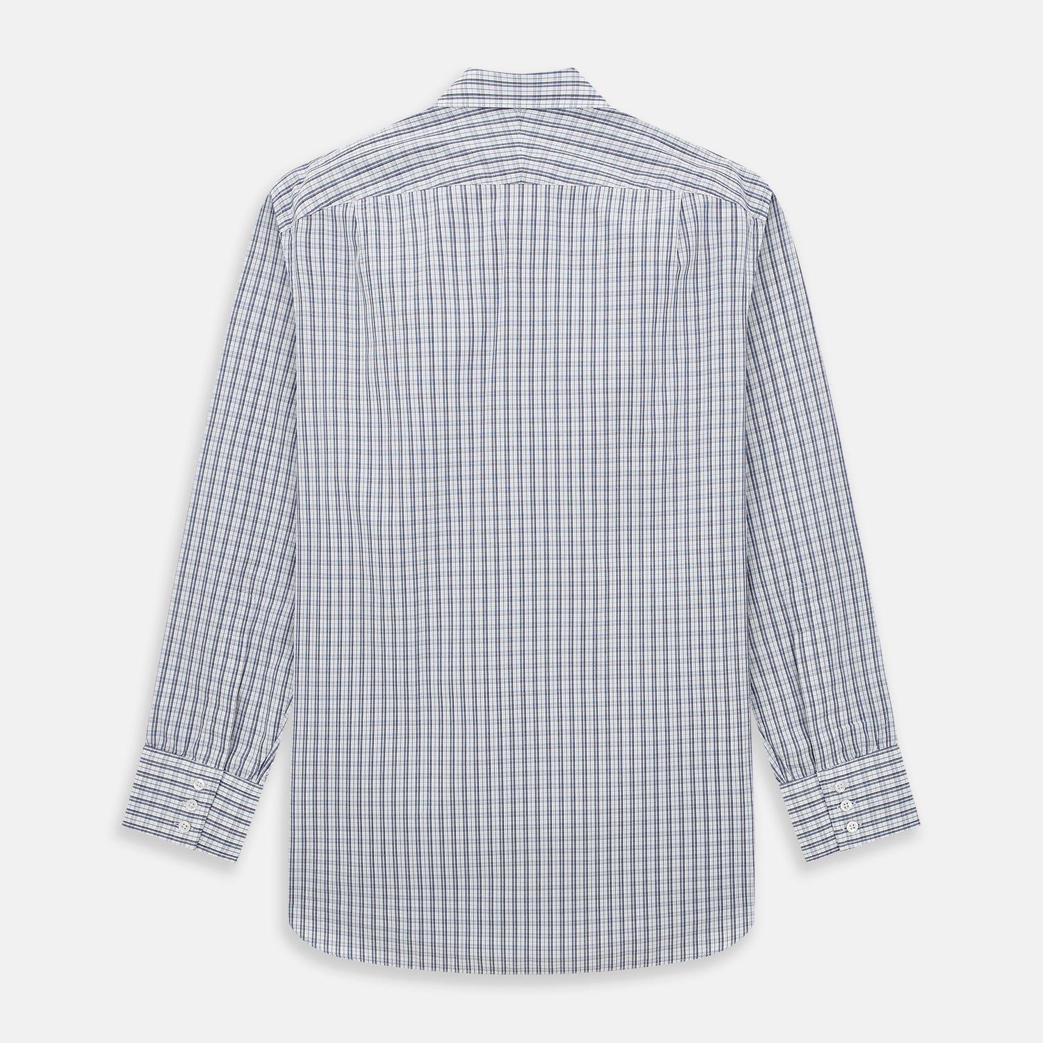 View 3 of product The Turnbull & Asser Navy Multi Check Mayfair Shirt is made from pure cotton with a blue and white check pattern, long sleeves, pointed collar, and buttoned cuffs, shown against a white background.