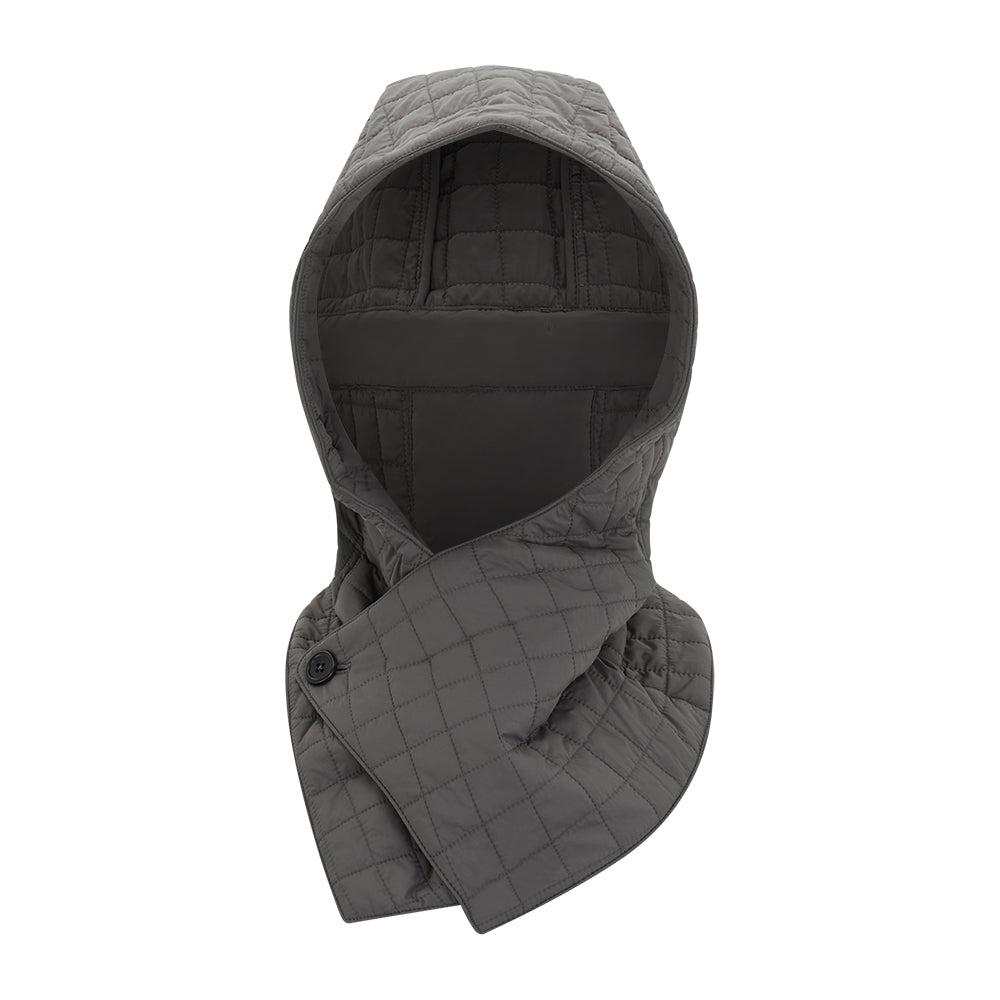 The Turnbull & Asser Shadow Grey Quilted Hood with Neck Warmer features a button closure, inspired by quilted jacket hoods, and is displayed on a plain white background.