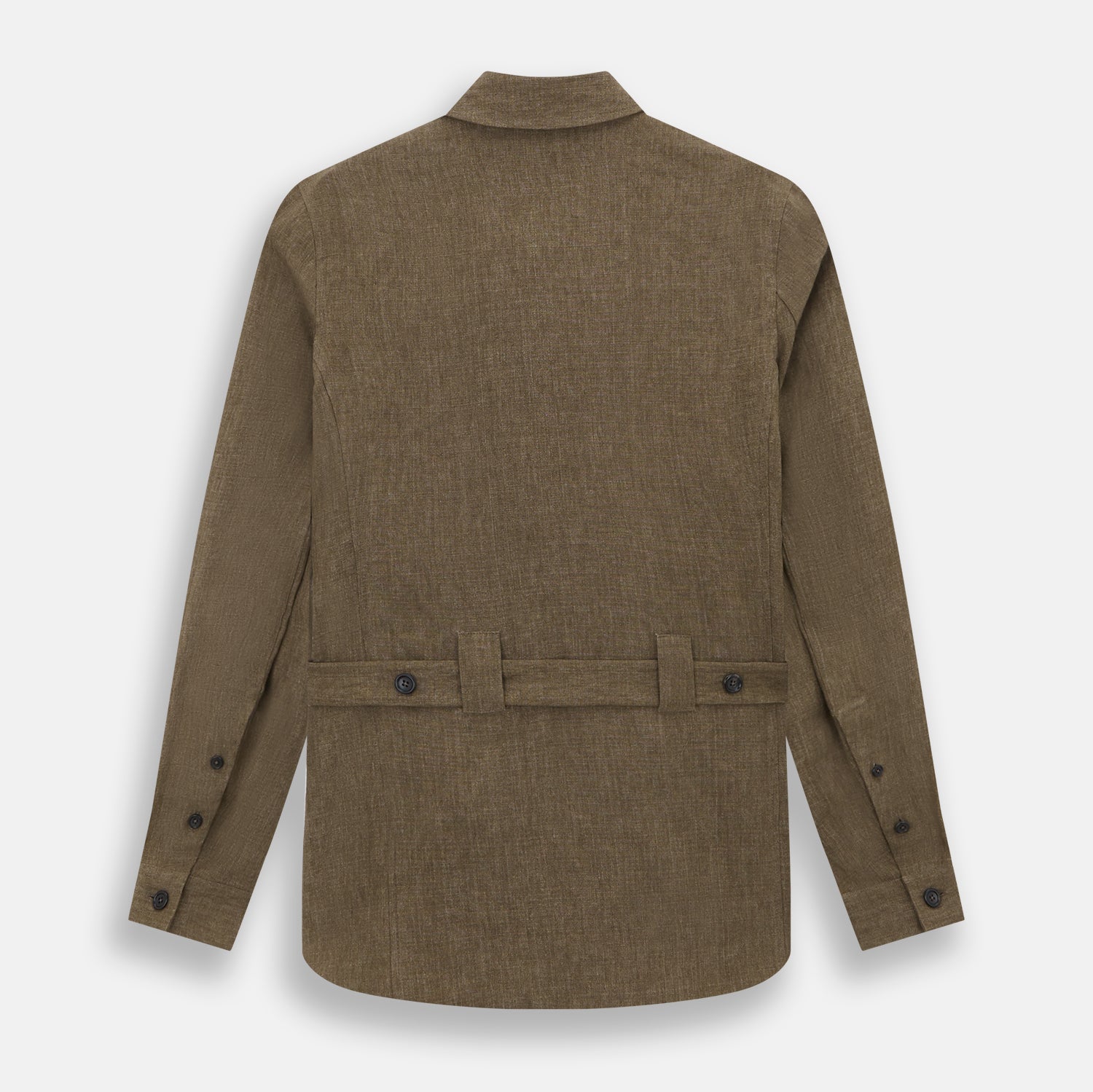 View 3 of product The Pine Cone Linen Holland Shacket by Turnbull & Asser is a brown men's lightweight outerwear piece with a collar, long sleeves, three front zip pockets, and black buttons, shown on a white background.