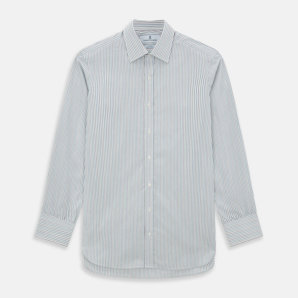 A Forest Green with Multicoloured Music Stripe Mayfair Shirt by Turnbull & Asser, featuring long sleeves, a signature T&A collar, and buttoned cuffs, laid flat on a white background.