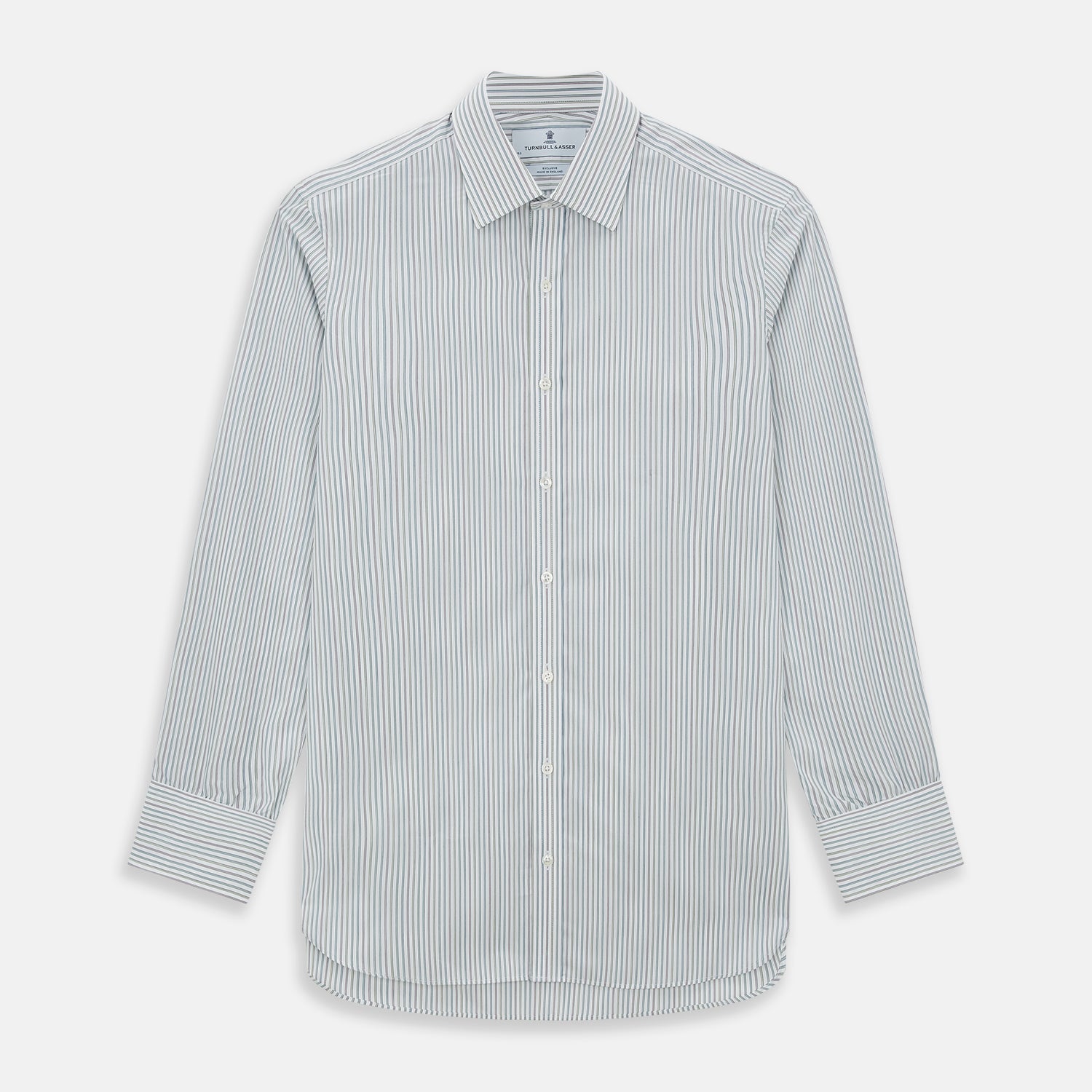 View 1 of product A Forest Green with Multicoloured Music Stripe Mayfair Shirt by Turnbull & Asser, featuring long sleeves, a signature T&A collar, and buttoned cuffs, laid flat on a white background.