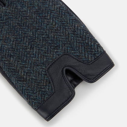 Navy Herringbone Tweed Cashmere-Lined Leather Gloves Image 1