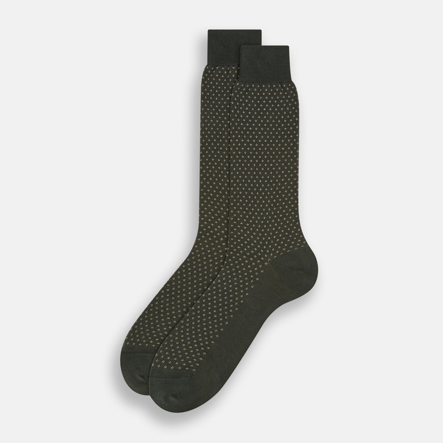 View 2 of product A single forest green mid-length sock from Turnbull & Asser, featuring a motif pattern and crafted from soft mercerised Egyptian cotton, shown against a plain white background.