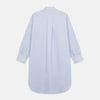 View 5 of product The Blue and Pink Stripe Poplin Cotton Nightshirt by Turnbull & Asser features long sleeves, a collar, front buttons, chest pocket, rounded hem, and light blue fabric with white, pink, and yellow vertical stripes.