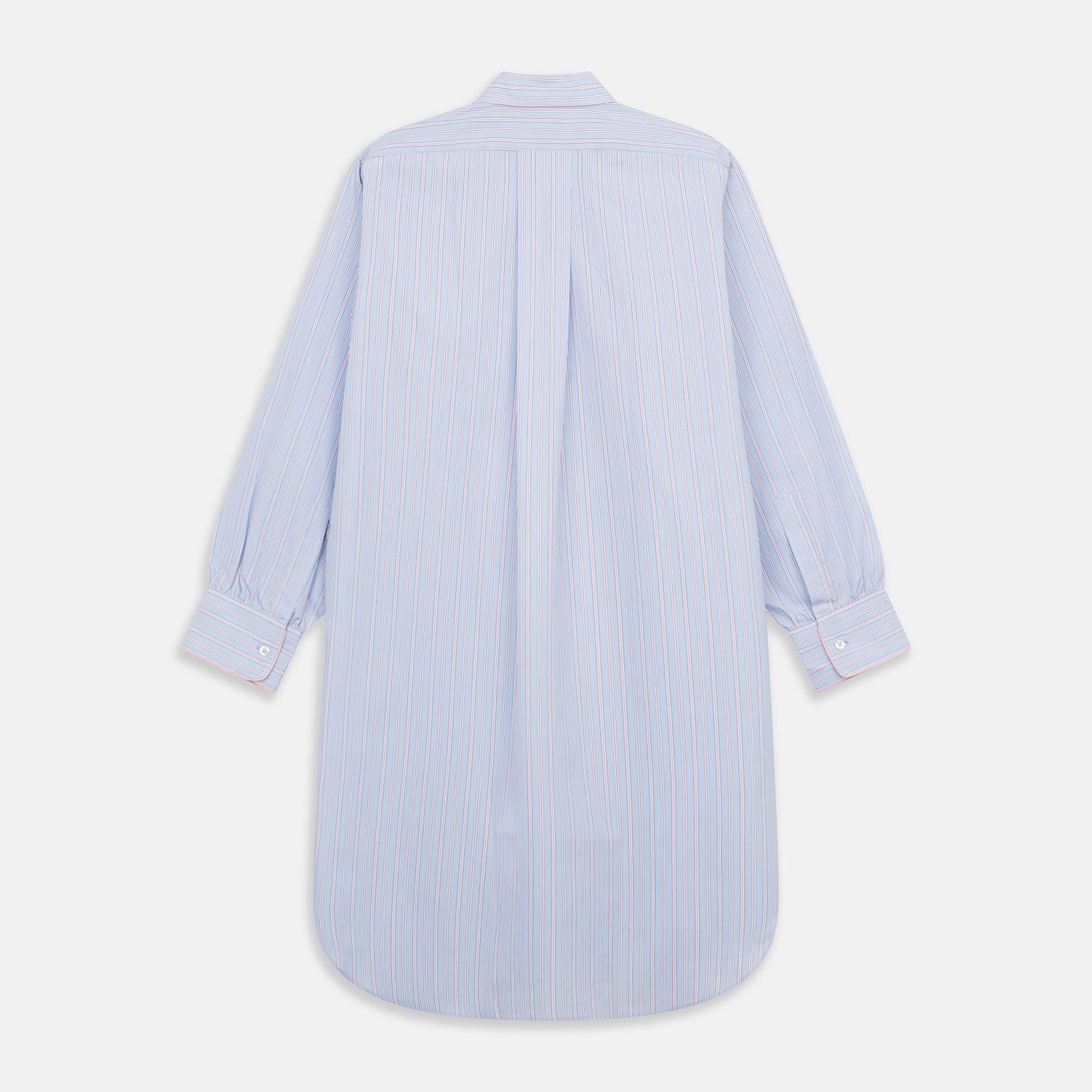 View 5 of product The Blue and Pink Stripe Poplin Cotton Nightshirt by Turnbull & Asser features long sleeves, a collar, front buttons, chest pocket, rounded hem, and light blue fabric with white, pink, and yellow vertical stripes.
