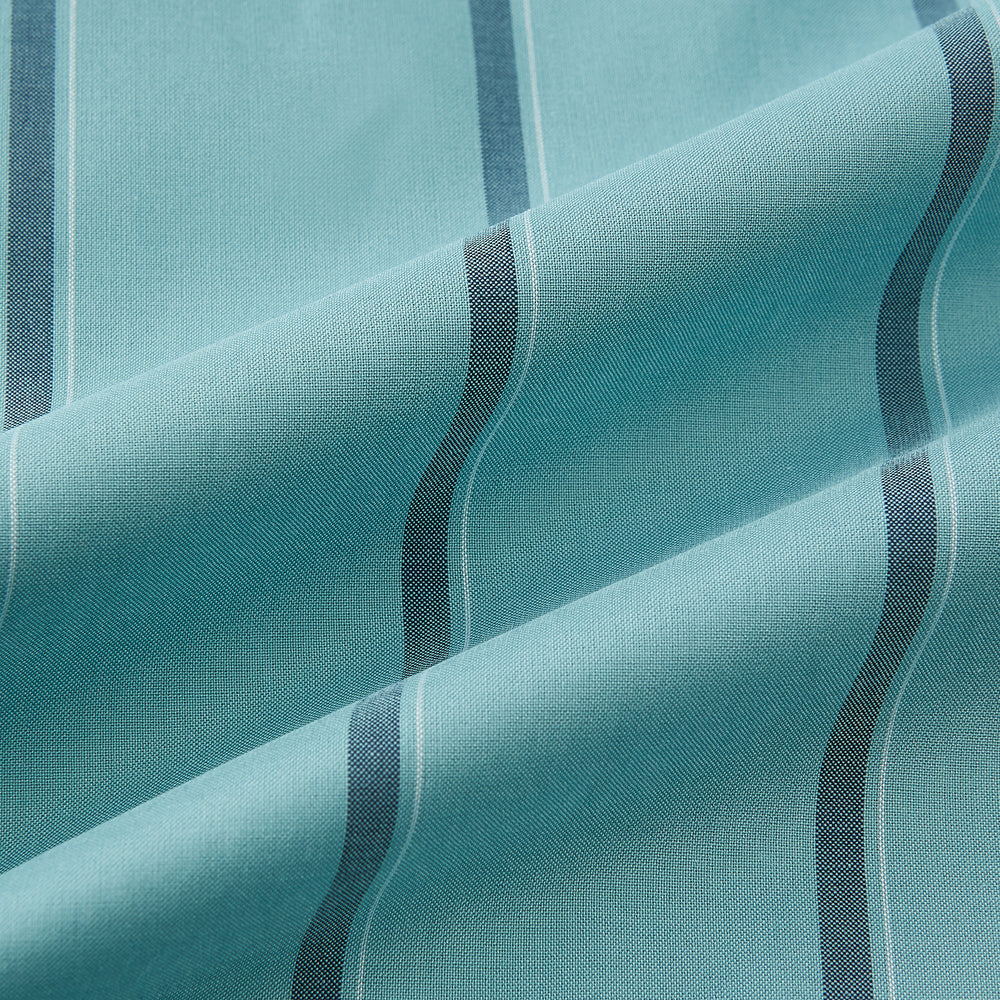 The Turnbull & Asser Sage Track Stripe Westminster Shirt features long sleeves, a tailored fit, a collar, and vertical dark blue stripes, with button closures down the front and at the cuffs, shown laid flat on a white background.