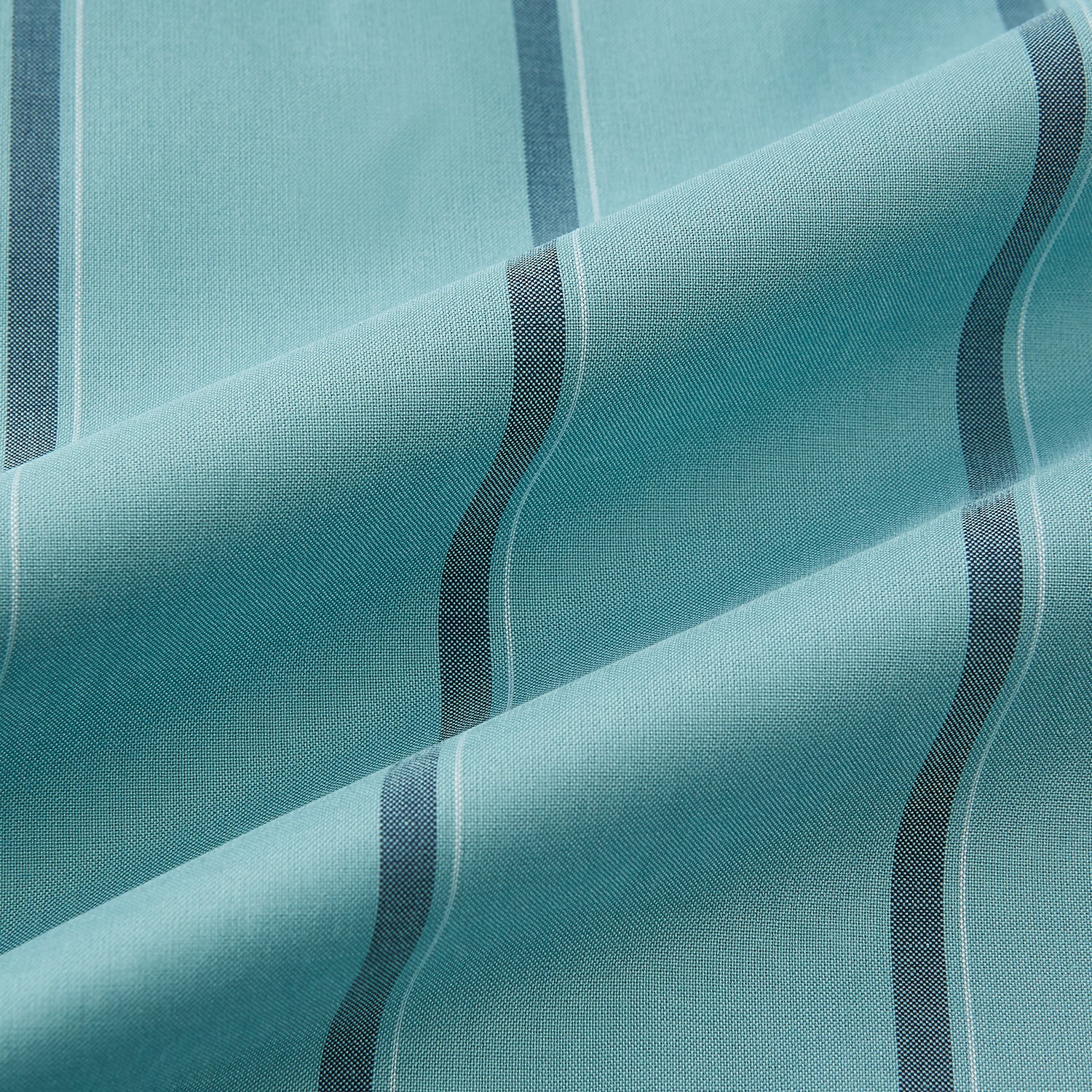 View 8 of product The Turnbull & Asser Sage Track Stripe Westminster Shirt features long sleeves, a tailored fit, a collar, and vertical dark blue stripes, with button closures down the front and at the cuffs, shown laid flat on a white background.