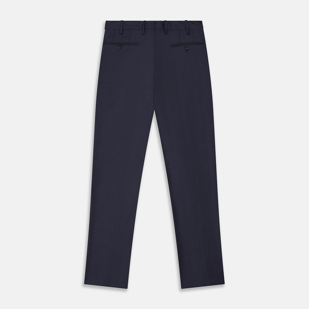 Turnbull & Asser Navy Wool Blend Single Pleated Gerry Trousers, featuring classic fit, button and zipper closure, belt loops, and straight legs, displayed flat on a white background.