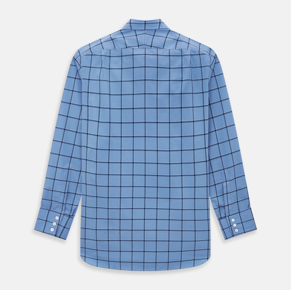 The Turnbull & Asser Colony Blue Grid Check Mayfair Shirt is a light blue, long-sleeve button-up with a collar and evenly spaced dark blue grid lines.
