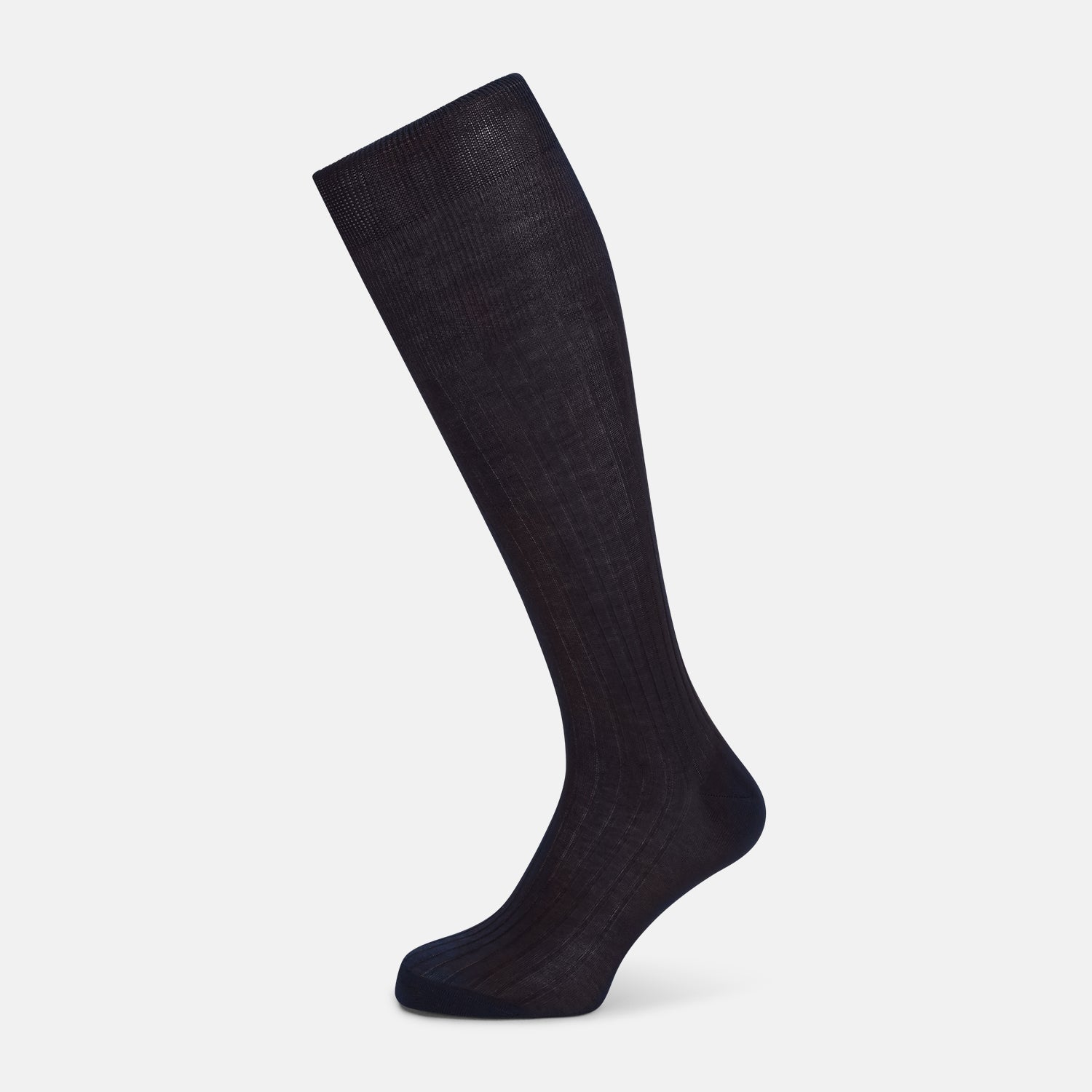 View 1 of product A single navy long sock by Turnbull & Asser, featuring a subtle ribbed texture and crafted from soft Egyptian cotton, displayed on a plain white background.