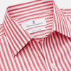 View 2 of product The Pink Candy Stripe Cotton Weekend Fit Finch Shirt by Turnbull & Asser features vertical red and white stripes, a left chest pocket, and a classic collar—an essential men’s wardrobe staple shown against a white backdrop.