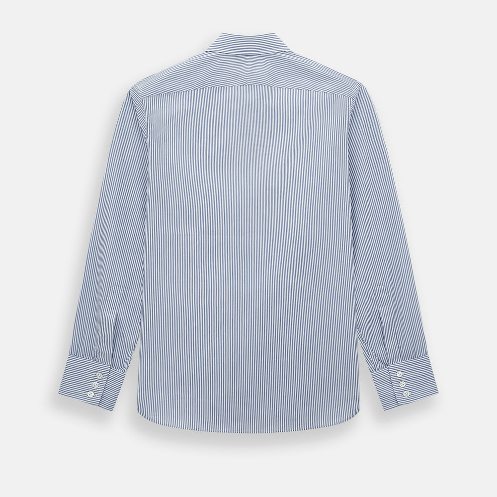 The Turnbull & Asser Navy and White Stripe Westminster Shirt features thin vertical stripes, a Turnbull collar, long sleeves, and classic British craftsmanship, shown flat on a white background.