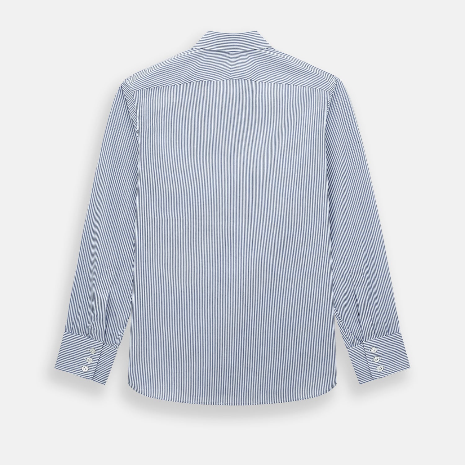 View 3 of product The Turnbull & Asser Navy and White Stripe Westminster Shirt features thin vertical stripes, a Turnbull collar, long sleeves, and classic British craftsmanship, shown flat on a white background.