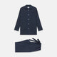 The Turnbull & Asser Blue Multi Check Wool Quin Pyjama Set features a long-sleeve button-up top with chest pocket and drawstring pants, both displayed flat on white—a luxurious choice for refined sleepwear.