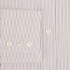 View 4 of product The Turnbull & Asser Burgundy Multi Hairline Stripe Mayfair Shirt features long sleeves, a classic collar, buttoned cuffs, and slim vertical stripes—ideal for formal wear and shown against a plain white background.